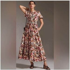 Anthropologie Women's Somerset Pink Floral Midi Dress Size Small Tiered‎